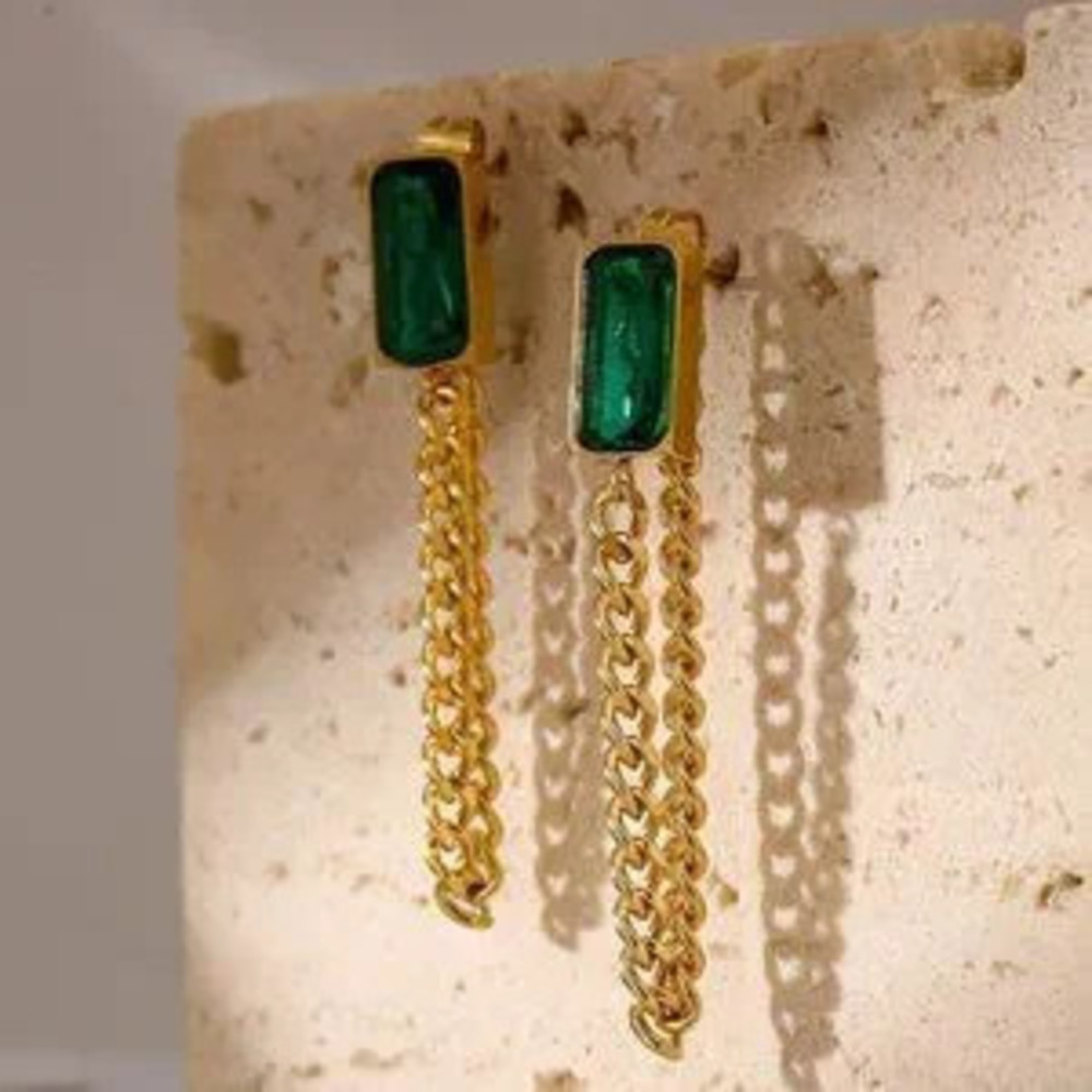 18K Gold Plated Green Crystal Chain Earrings